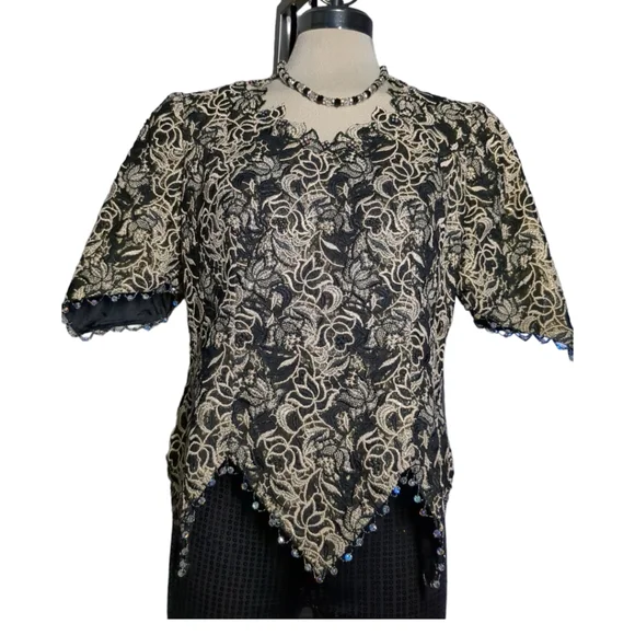 Michael Jordan Luxury Black &Gold Lace With Crystal Beads Trimmed Blouse Size M - Picture 13 of 16